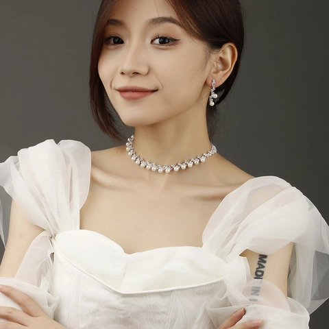 Elegante Collana e Orecchini Argento per Matrimonio Con Perla Artificiale Bianca e Strass per Donna Collezione Gioielli Sposa