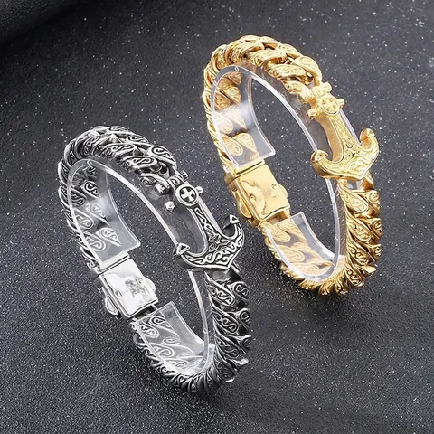 Bracciale Uomo Acciaio Inossidabile 316L Chiusura Ancora Croce Catena Cubana Vintage Punk Gotico Stile Vichingo
