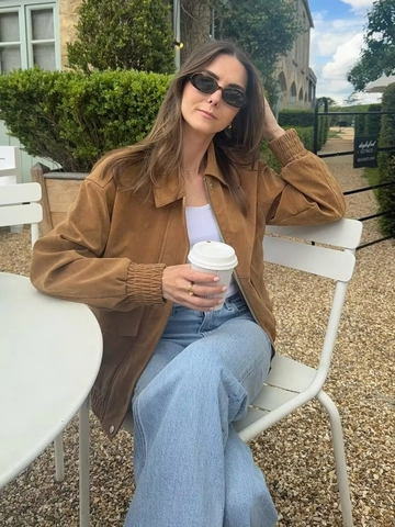 Chaqueta Bomber De Ante Sintético Para Mujer Vintage Color Sólido Ajuste Holgado Solapa Cremallera Cazadora Informal