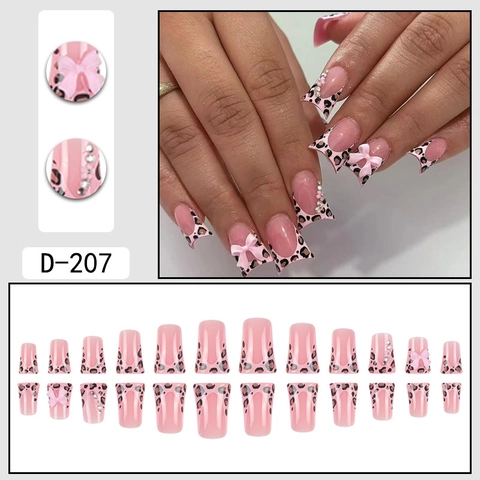 Pink French Leopard Print Press On Nails With Dimensional Bow And Rhinestone Long Square Glossy Artificial Fingernails