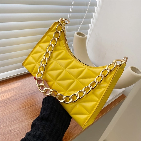 Women Quilted Underarm Shoulder Bag PU Leather Gold Chain Strap Rhombic Pattern Baguette Hobo Versatile Daily Handbag