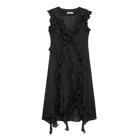 Elegant V-Neck Sleeveless Maxi Dress Polyester Ruffled Wood Ear Edge Irregular Hem Vacation Retro Style For Women