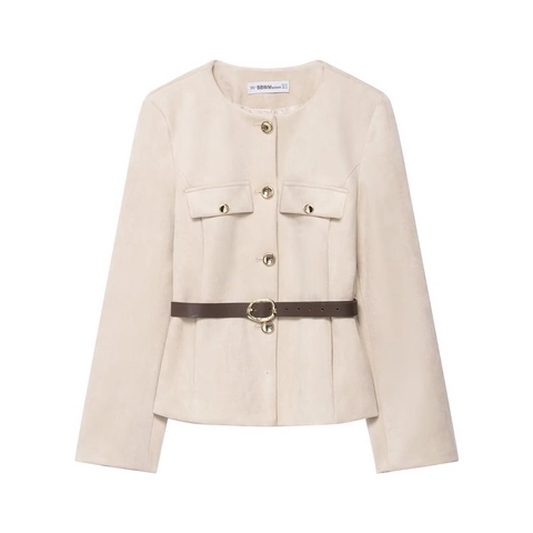 Veste Courte Pour Femmes En Suédine Avec Ceinture Mode Manches Longues Couleur Unie Vêtements De Sortie Boutons Métalliques