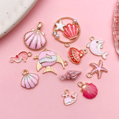 Ocean Theme Pendants Pink Enamel Drip Oil Alloy Shell Starfish For DIY Jewelry Making Necklaces Bracelets