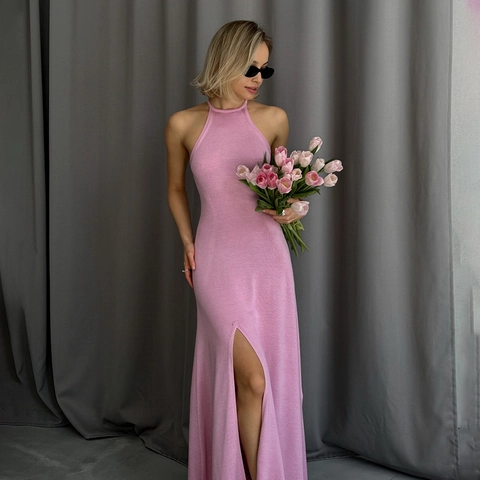 Halter Maxi Jurk Gebreid Hoge Split Sexy Slim Fit Rugloos Mouwloos Elegant Zomer Bodycon Lange Jurk Dames