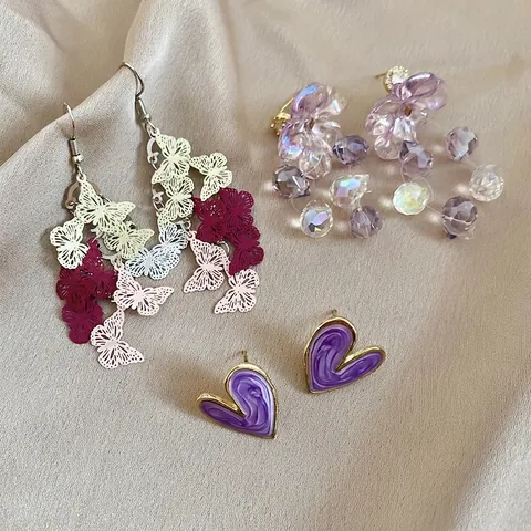 Lila Herz Blumen Und Schmetterling Hängeohrringe Mit 925 Sterling Silber Ohrstecker Kristall Elegant Süß Für Damen
