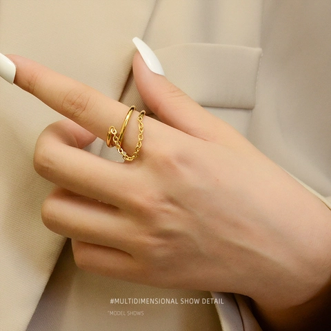 Double Layer Chain Ring Titanium Steel 18K Gold Plated Retro Minimalist Aesthetic Finger Band Jewelry For Women