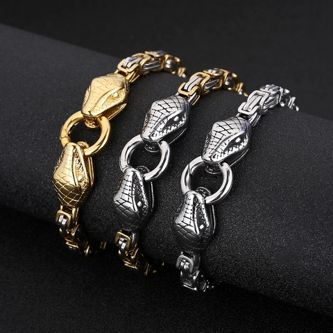 Pulsera Para Hombre De Cabeza De Serpiente Doble Cadena Bizantina Acero Inoxidable Punk Gótico Hip Hop Retro