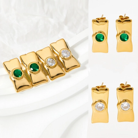 Rechthoekige Roestvrijstalen Oorknopjes Met Ronde Zirconia Geometrische Rimpeling 14K Verguld Minimalistische Sieraden