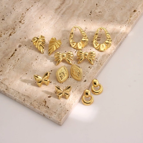 Stainless Steel Butterfly Bow Leaf Stud Earrings 18K Gold Plated Irregular Geometric Minimalist Niche Design Earrings For Women