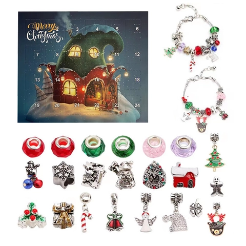 Calendario de Adviento de Navidad Cuenta Regresiva de 24 Días Kit de Fabricación de Pulseras DIY para Niños Caja Sorpresa de Regalo con Dijes de Esmalte y Diamantes de Imitación