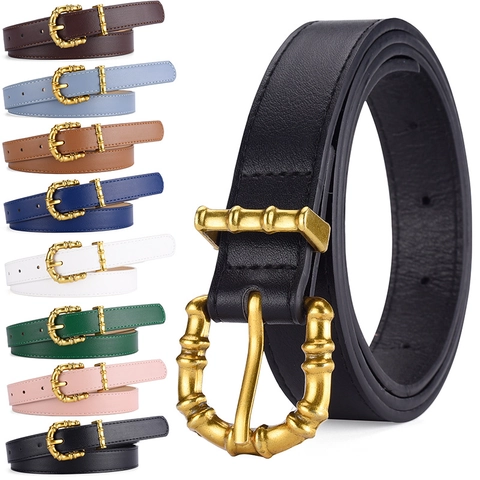 Women PU Leather Belt Retro Gold Bamboo Pin Buckle For Trench Coat Jeans Vintage Style Elegant Waist Accessory