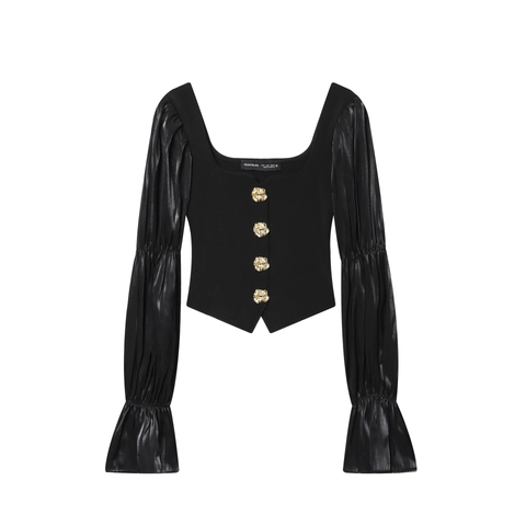 Damen Oberteil Mit Eckigem Ausschnitt Langarm Satin Puffärmel Goldene Rosenknöpfe Elegant Vintage Strickhemd