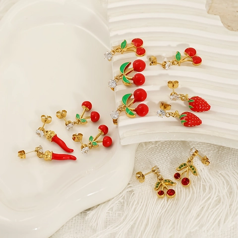 Fruit Drop Earrings 304 Stainless Steel 18k Gold Plated Zircon Enamel Cherry Strawberry Chili Waterproof Women Jewelry