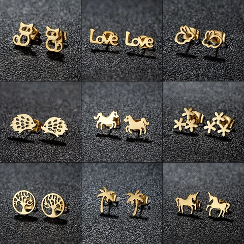Stainless Steel Ear Studs Minimalist Cute Animal Cat Rabbit Hedgehog Unicorn Tree Of Life Palm Tree Flower Love Letter Fashion Jewelry