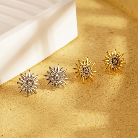 Orecchini a Bottone a Girasole in Acciaio al Titanio da Donna con Strass Incastonati Design Floreale Oro Argento Gioielli