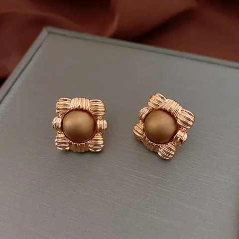 Vintage Square Stud Earrings Alloy With Silver Earring Post Ribbed Texture Matte Coffee Center French Style Jewelry