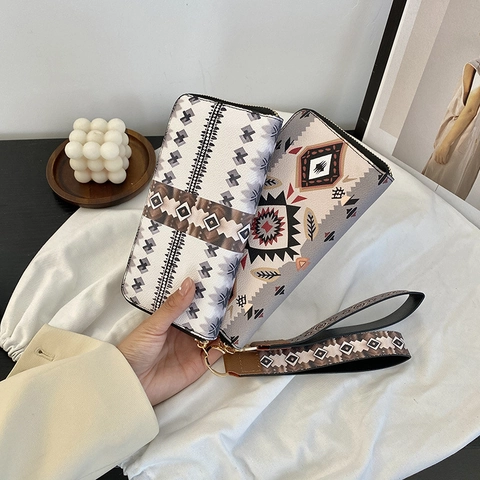 Women Long Wallet Ethnic Geometric Print PU Leather Zipper Around Clutch Purse With Detachable Wristlet Strap Large Capacity