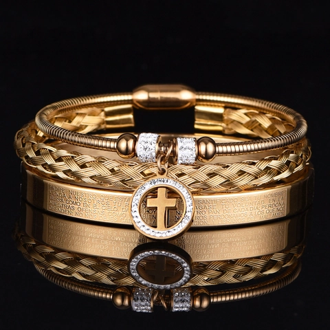 Stainless Steel Cross Bracelet For Men Spanish Padre Nuestro Prayer Scripture Braided Cable Cuff Bangle Religious Jewelry