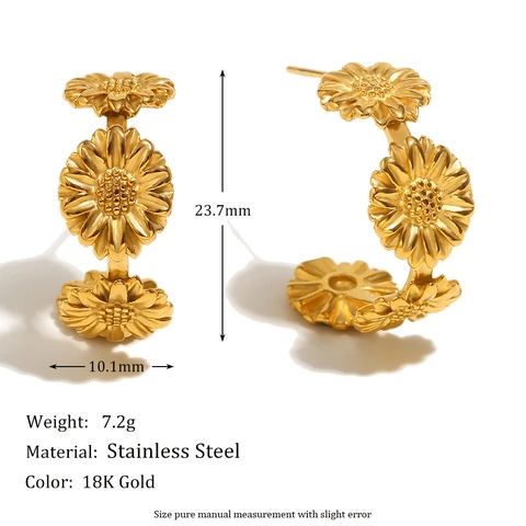 Daisy Sunflower C-Shaped Hoop Earrings Stainless Steel 18K Gold Plated Fashion Jewelry For Women