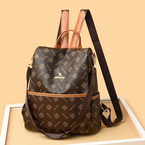 Mochila De Cuero PU Para Mujer Gran Capacidad Bolso De Viaje Monograma Estampado Textura Trenzada Mochila Casual