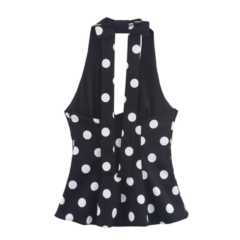 Polka Dot Halter Top Sexy Bow Neck Backless Slim Fit Polyester Crop Cami For Women