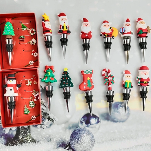 Tapón Para Botella De Vino De Navidad PVC Silicona Metal Papá Noel Muñeco De Nieve Reutilizable Bar Fiesta