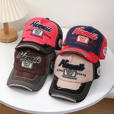 Berretto Da Baseball Cotone Lavato Ricamo Hawaii Retro Distressed Cappello Sole Per Esterno Streetwear Unisex
