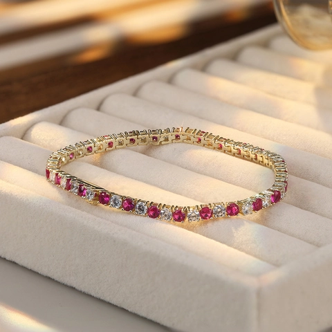 925 Sterling Zilver Rood Wit Zirconia Tennis Armband 3mm Ronde Snee CZ Enkele Rij Ketting Armband Voor Dames Elegant Sieraden Cadeau
