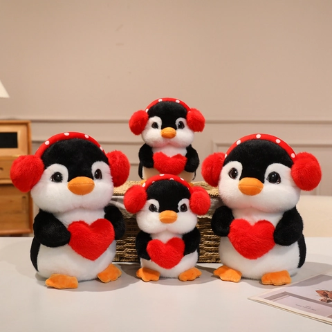 Penguin Plush Toy Soft Stuffed Animal With Heart And Earmuffs Cartoon Animal Doll For Kids Room Decor Gift