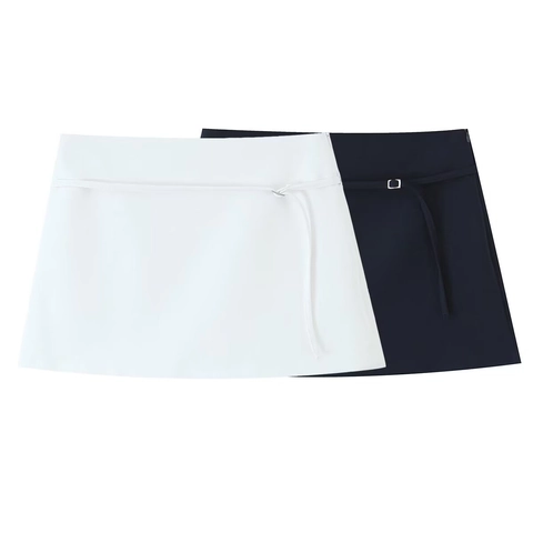 High Waist Polyester Mini Skirt With Matching Belt Metal Buckle Elegant Casual Solid Color Streetwear For Women