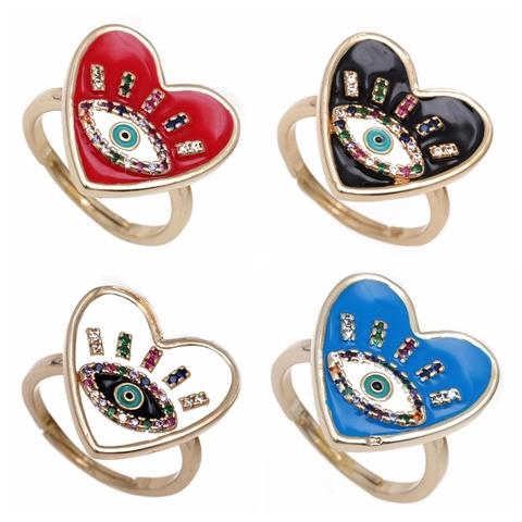Heart Shaped Evil Eye Copper Ring For Women Adjustable Colorful Zircon Enamel Gold Plated Fashion Jewelry Finger Ring