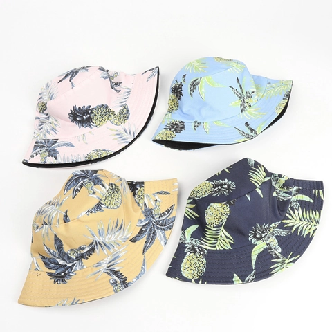 Tropischer Ananas Print Fischerhut Wendbar Baumwolle Polyester Sonnenschutz Outdoor Hut Damen Herren