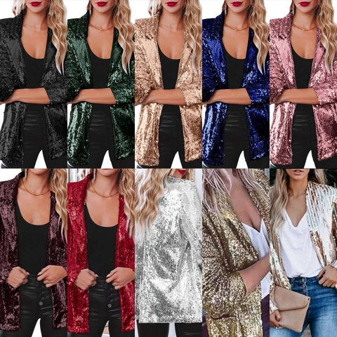 Women Casual Sequin Blazer Jacket Long Sleeve Shiny Glitter Top Slim Fit Mesh Cardigan Outerwear Party Evening Clubwear