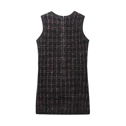 Abito Mini Elegante In Tweed A Quadri Senza Maniche Girocollo Bodycon Cerniera Posteriore Donna