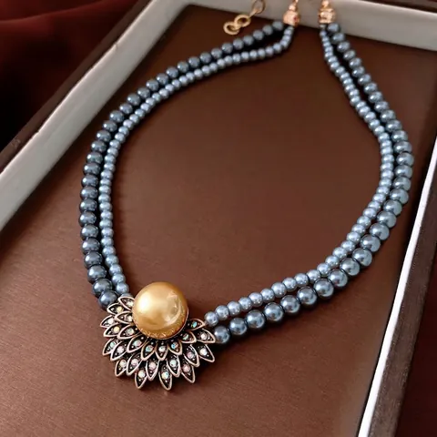 Double Layer Grey Glass Artificial Pearl Necklace With Gold Artificial Pearl Flower Pendant Vintage Alloy Rhinestone Elegant Jewelry For Women