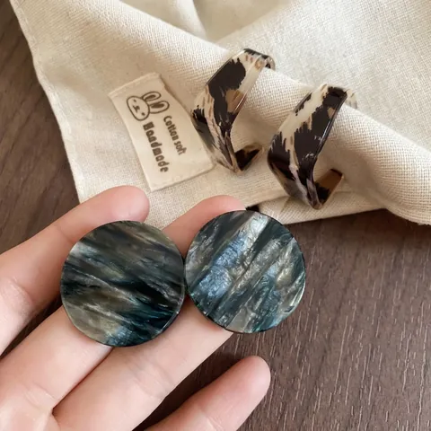 Geometric Round Square Hoop Stud Earrings Acrylic Resin Marble Pattern With 925 Sterling Silver Earring Post For Women