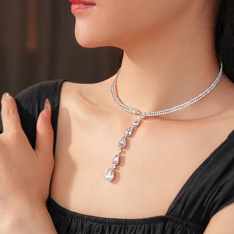 Water Drop Pendant Necklace Copper Zircon Silver Color Layered Y Shape Choker Luxury Elegant High End Jewelry For Women