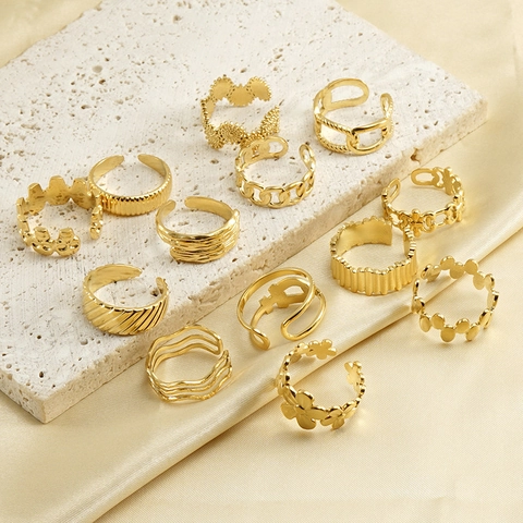 Geometrische Offene Ringe 18K Vergoldet Edelstahl Verstellbar Minimalistisch Blumig Kette Schmuck Für Damen