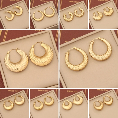 Chunky Hoop Earrings Stainless Steel Gold Plated Geometric Twisted Croissant Style Irregular Studs For Women Retro Fashion