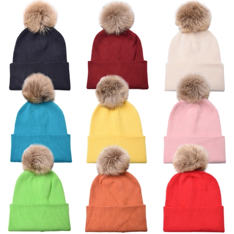 Gorro Punto Con Dobladillo Y Pompon Piel Sintetica Desmontable Acanalado Color Solido Invierno Calido Deportes Al Aire Libre