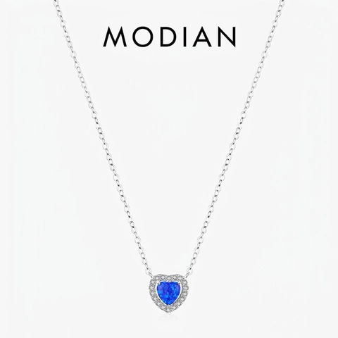 925 Sterling Silver Heart Pendant Necklace Blue Opal White Cubic Zirconia Elegant Sweet Jewelry For Women