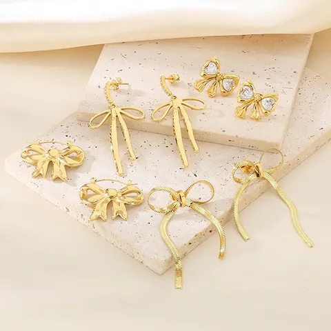 Pendientes De Lazo Acero Inoxidable Con Circón Corazón Cinta Colgantes Botón Elegante Vintage Joyería Para Mujer Oro Acero