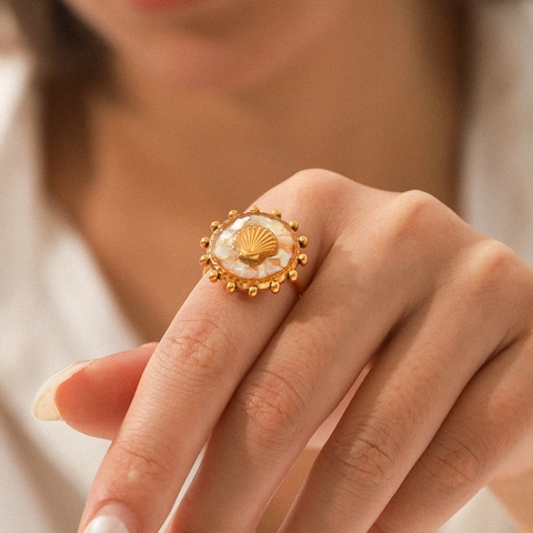 Scallop Starfish Shell Open Ring 18K Gold Plated Stainless Steel Mother Of Artificial Pearl Adjustable Retro Ocean Jewelry Women