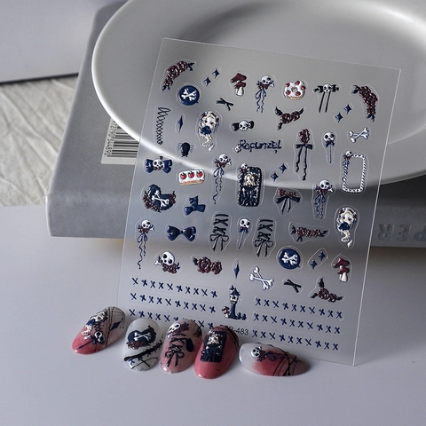 Adesivi Per Unghie 5D Goffrati Gotici Scuri Rilievo 3D Autoadesivi Impermeabili Fiocco Teschio Croce Decorazione Nail Art