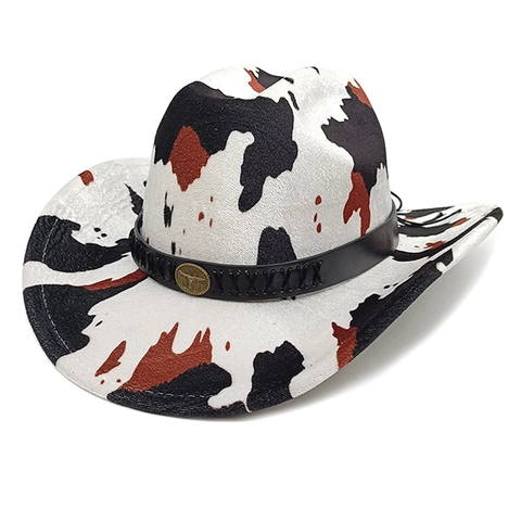 Chapeau De Cowboy Western Bord Large Imprimé Vache Léopard Feutre Polyester Avec Boucle Tête De Taureau Bande Cuir Rétro