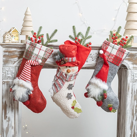Christmas Stocking Knitted Fabric Felt Burlap Hanging Gift Bag Home Party Fireplace Decoration Cartoon 3D Santa Snowman Pattern