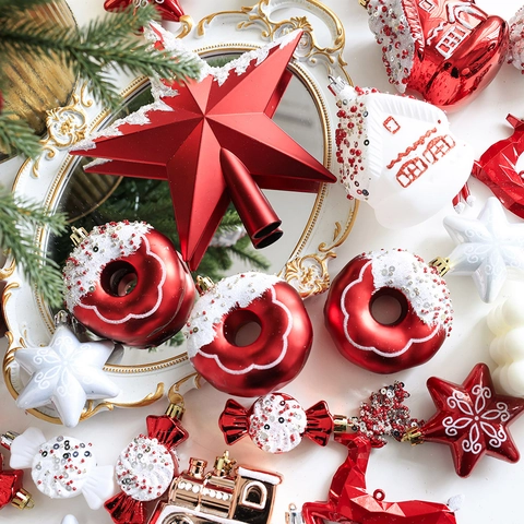 Adornos Árbol Navidad Rojo Blanco Plástico Purpurina Casa Reno Copo Nieve Caramelo Tren Colgantes Estrella Copa Árbol