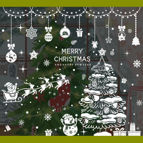Autocollants Fenêtre Noël Statique PVC Père Noël Renne Bonhomme Neige Flocon Verre Décoration Double Face Festif