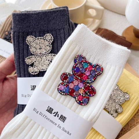 Women Ribbed Cotton Mid-Calf Socks With Rhinestone Bear Decoration Breathable Fashionable Slouchy Style
